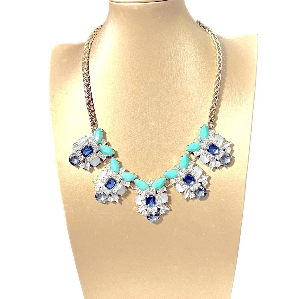 Statement Bib Necklace With Rhinestones Blue/Gold